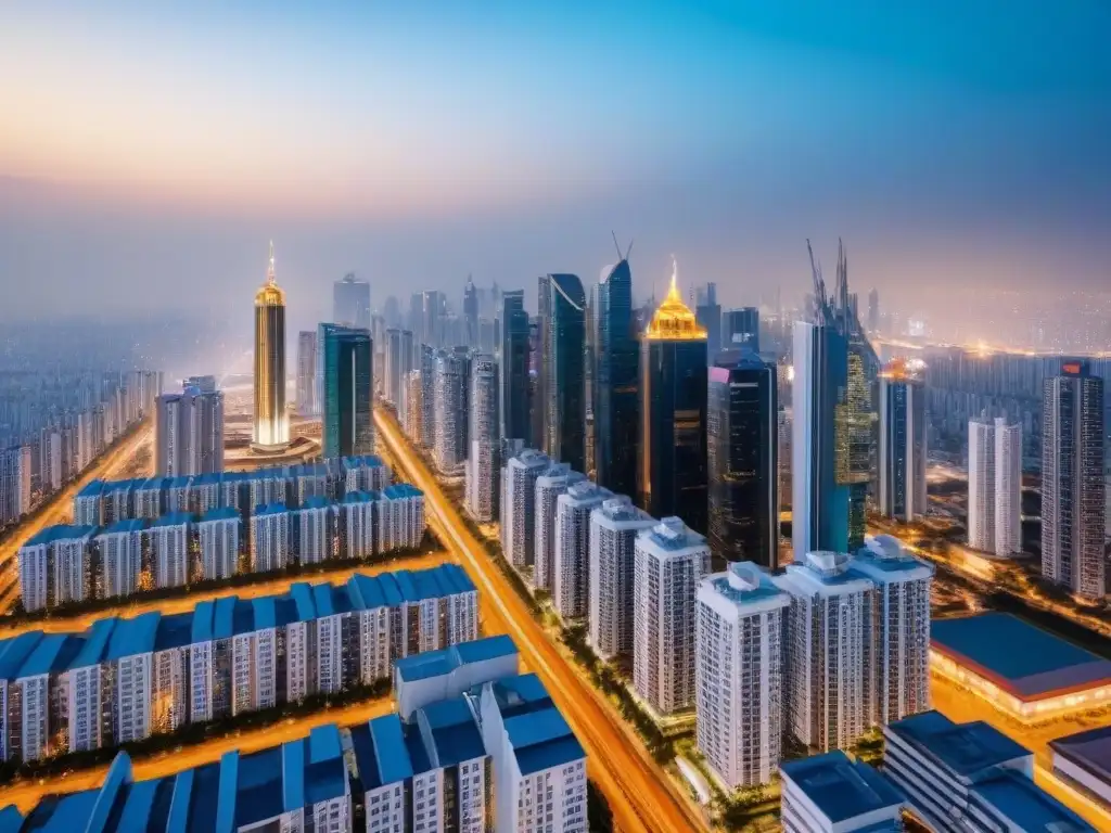 Cityscape moderno y próspero: Mercado inmobiliario en auge Vibrante ciudad con rascacielos modernos y luces de la ciudad, reflejando la ética en el mercado inmobiliario internacional