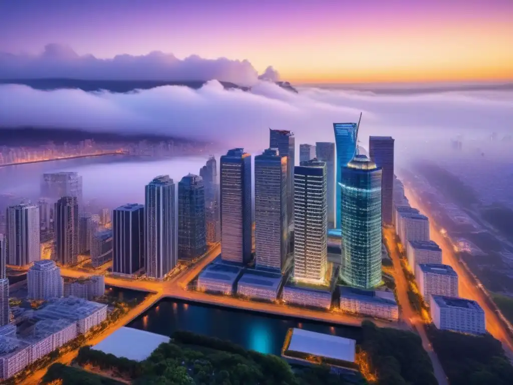 Oportunidades inmobiliarias éticas en la ciudad moderna Vibrante ciudad al anochecer con rascacielos modernos iluminados, simbolizando oportunidades inmobiliarias éticas