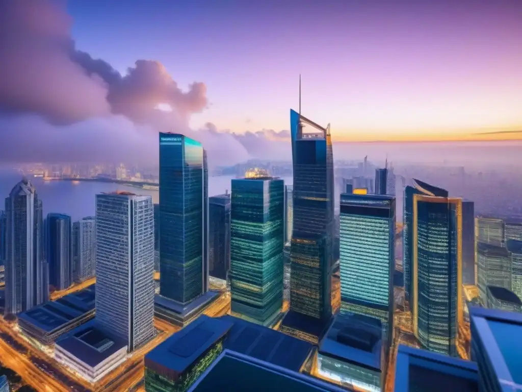 Skyline urbano vibrante: Claves de seguro para inversión global Vibrante ciudad al anochecer, con rascacielos modernos iluminados