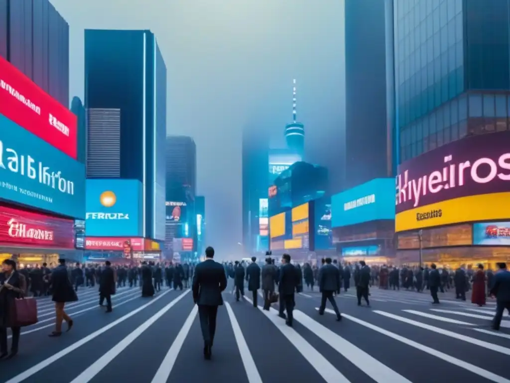 Metrópolis futurista al anochecer: luces neón y negocios en auge Vibrante ciudad al anochecer, con rascacielos modernos y luces neón