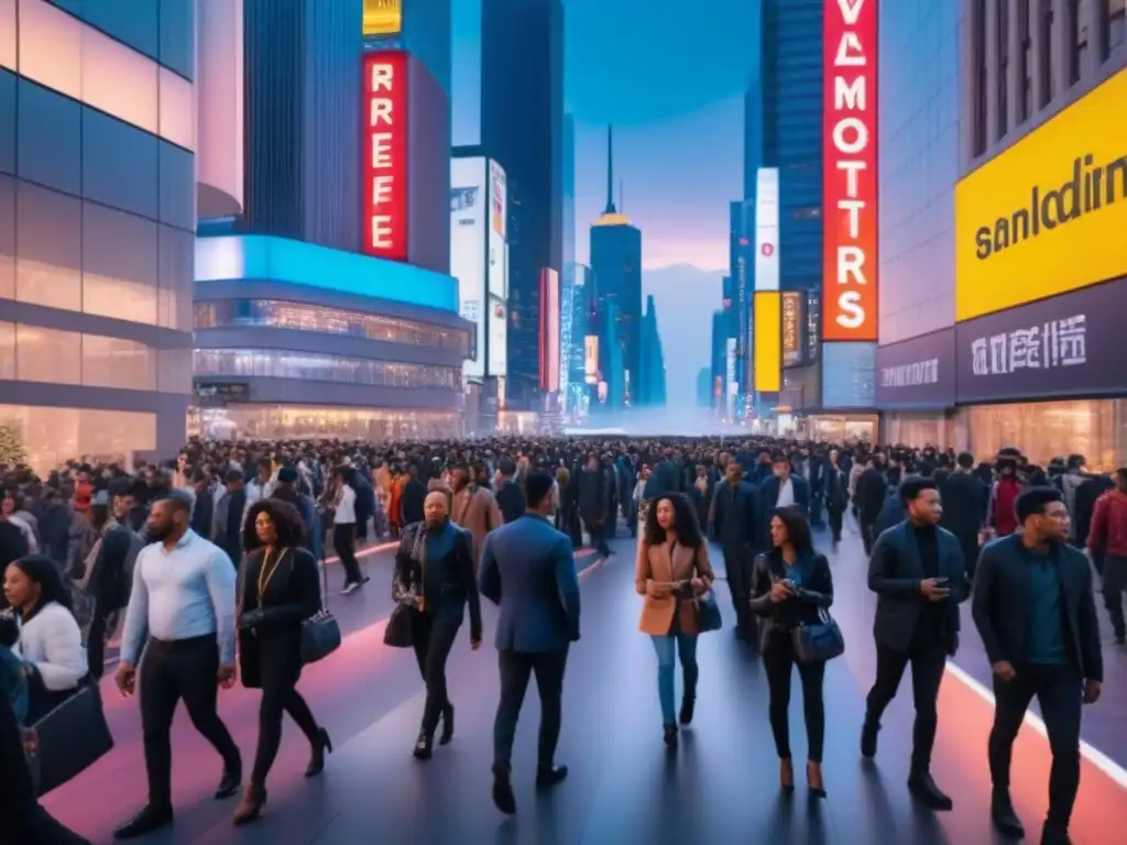 Metrópolis futurista: ciudades emergentes y migración global Vibrante ciudad al anochecer, con rascacielos, multitud diversa y vehículos autónomos