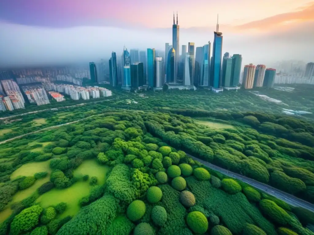 Metrópolis vibrante: mercado inmobiliario internacional en auge Vibrante ciudad con rascacielos y naturaleza exuberante, símbolo de mercados inmobiliarios internacionales más prometedores