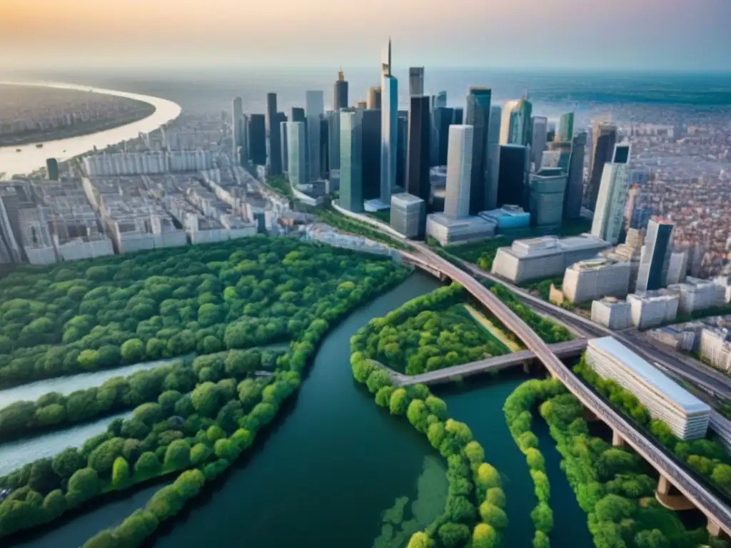 Metrópolis en movimiento: vista aérea vibrante de rascacielos y ríos Vibrante ciudad con rascacielos y naturaleza, reflejando luz y sombra