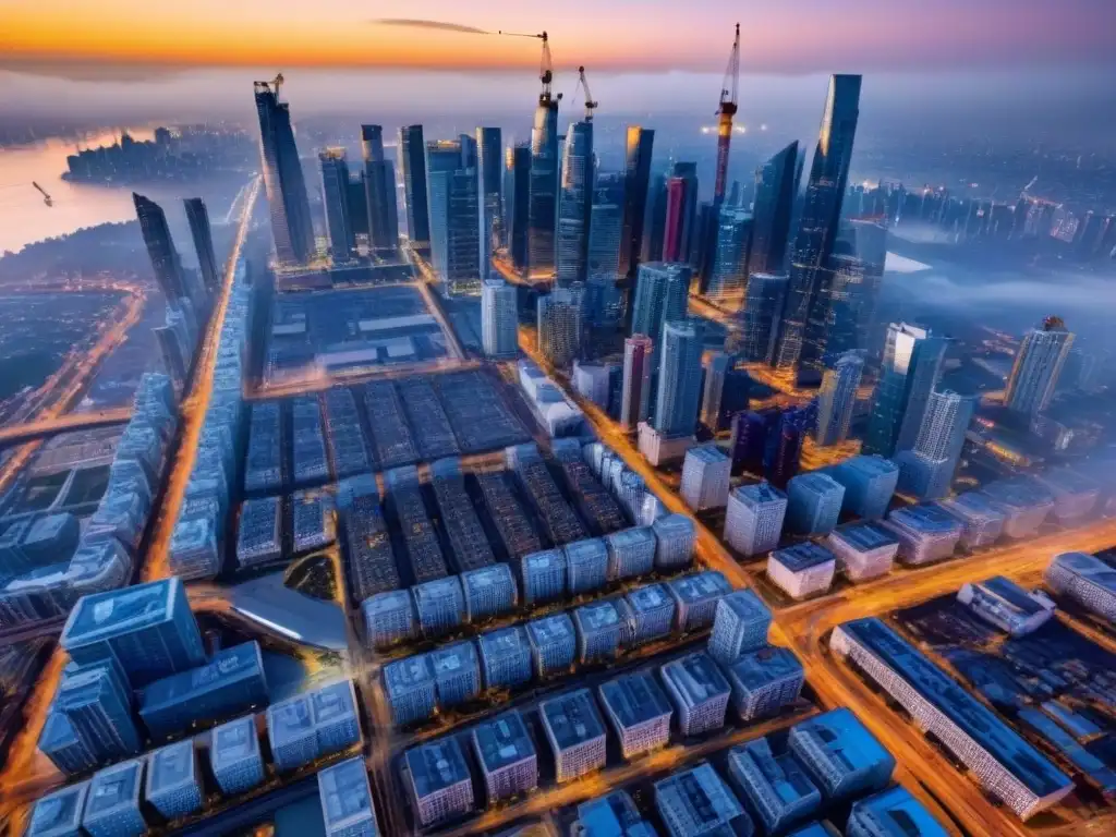 Vibrante ciudad en crecimiento: modernos rascacielos y obras de infraestructura en progreso Vibrante ciudad con rascacielos, obras en progreso y calles concurridas, simbolizando el impacto de desarrollos infraestructura inversión inmobiliaria