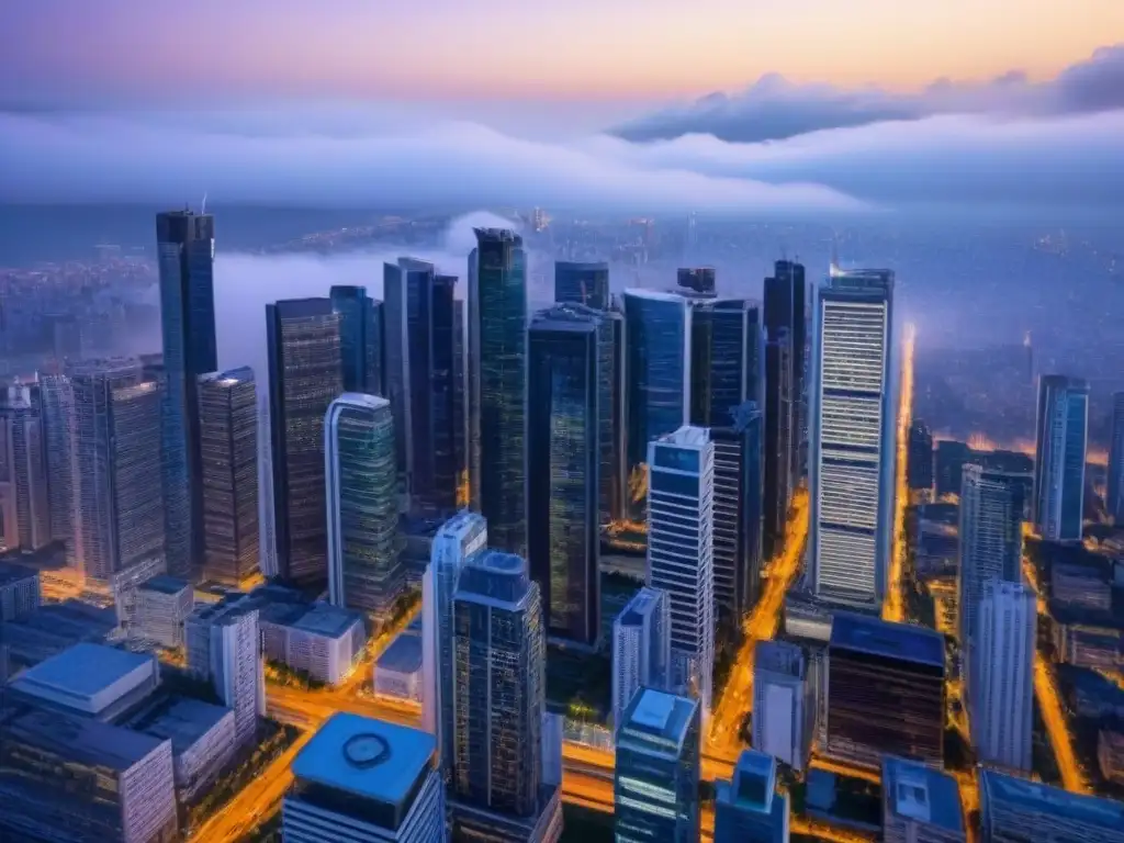 Vibrante ciudad nocturna: skyline urbano moderno Vibrante ciudad al anochecer con rascacielos y oficinas modernas, reflejo de estrategias corporativas activos inmobiliarios