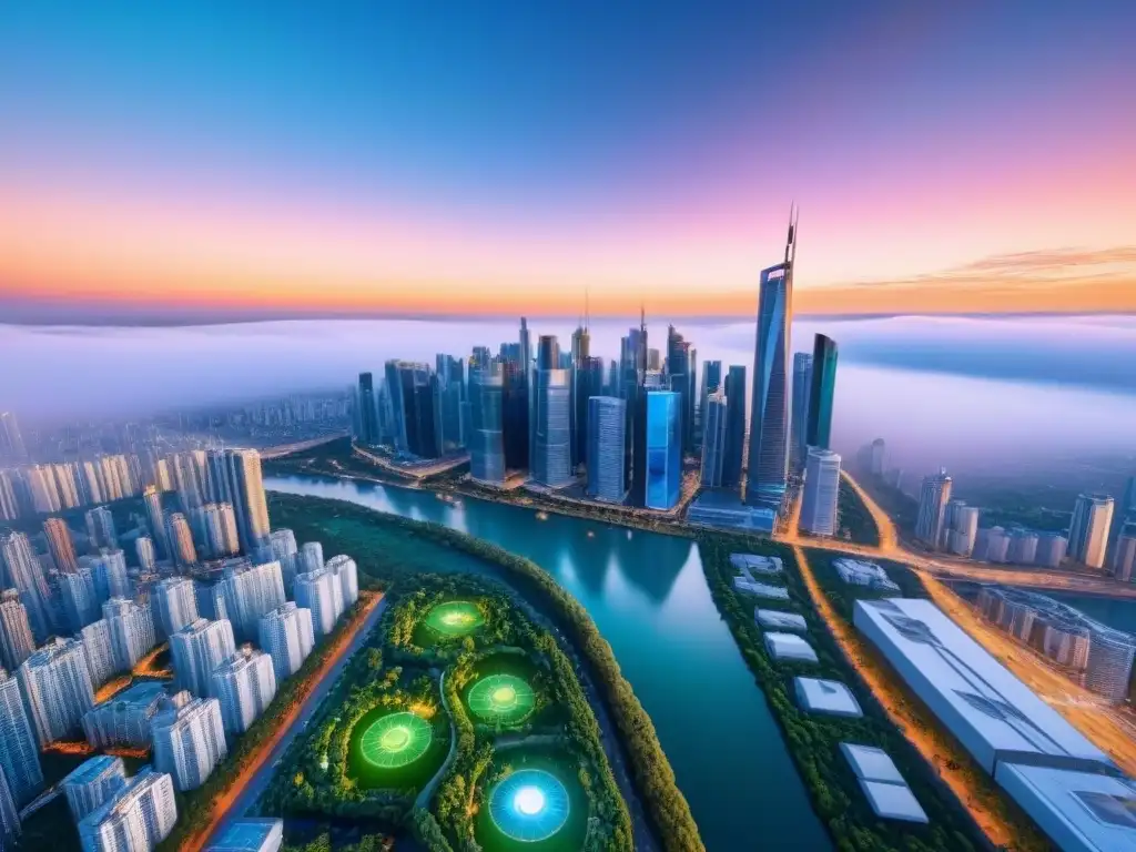 Metrópolis futurista: inversión inmobiliaria y turismo digital Vibrante ciudad con rascacielos, pantallas digitales de propiedades y atracciones turísticas