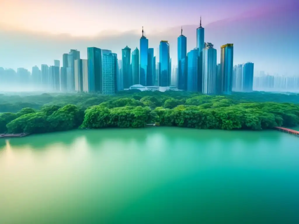 Espléndido panorama urbano: rascacielos, parques y agua Vibrante ciudad con rascacielos, parques verdes y lagos, ideal para inversión inmobiliaria internacional