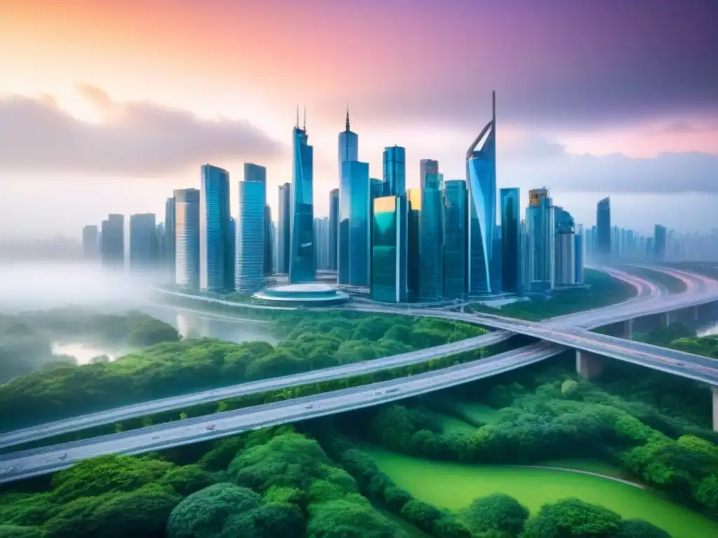 Horizonte urbano moderno: rascacielos, parques verdes y autopistas Vibrante ciudad con rascacielos, parques verdes y autopistas llenas de autos
