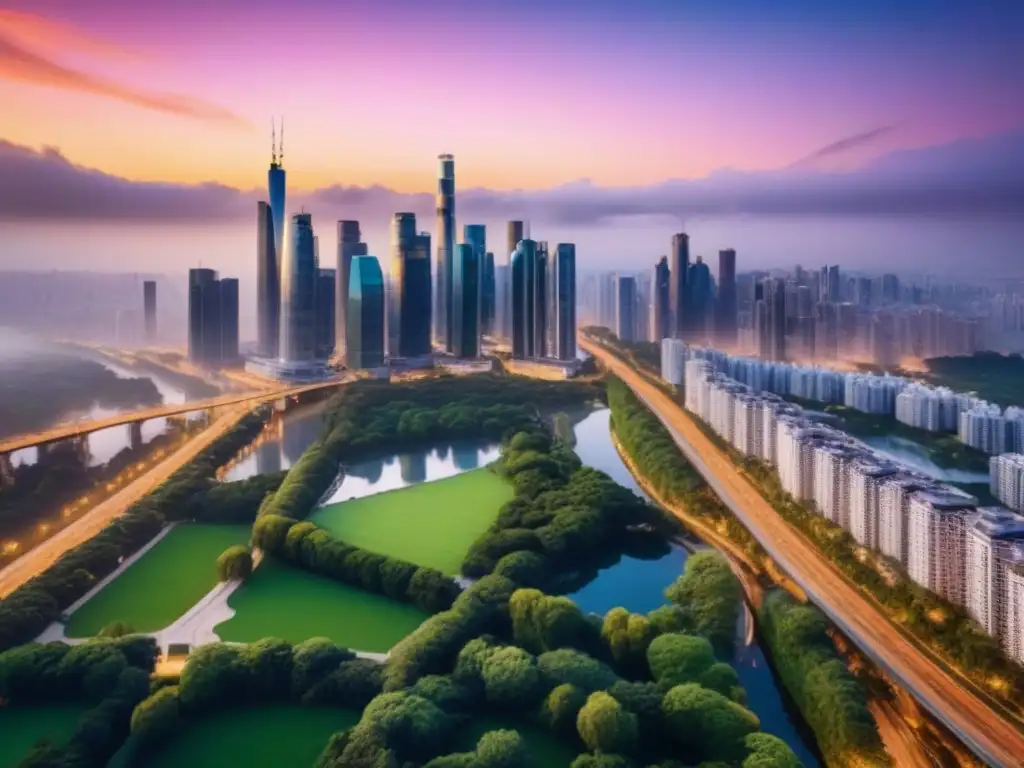 Metrópolis global: impacto urbano y arquitectónico al atardecer Vibrante ciudad con rascacielos, parques y puentes, iluminada por la puesta de sol