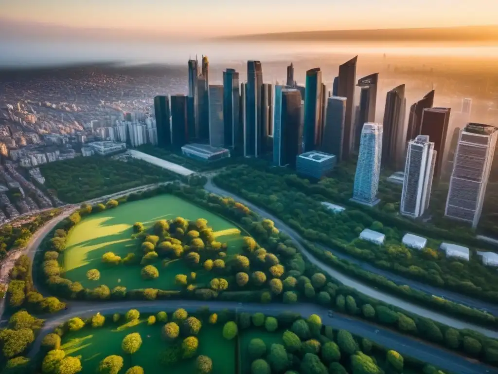 Cityscape futurista: rascacielos y vida urbana vibrante Vibrante ciudad con rascacielos y parques verdes, reflejo del potencial de mercados inmobiliarios emergentes
