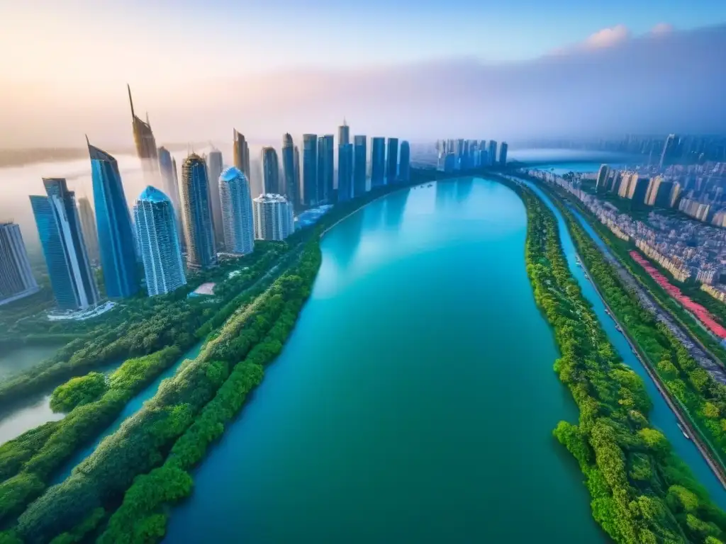 Espectacular panorama urbano: rascacielos, parques y agua azul vibrante Vibrante ciudad con rascacielos y parques verdes, ideal para mercados inmobiliarios internacionales inversión