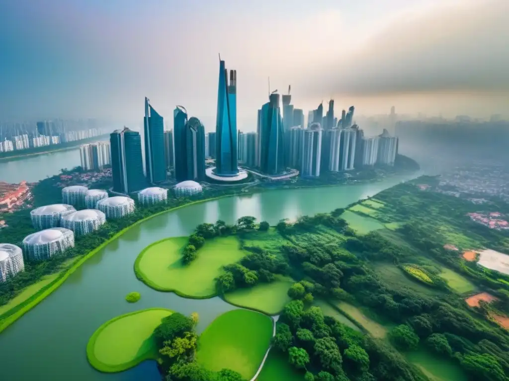 Metrópolis moderna: armonía entre rascacielos y naturaleza Vibrante ciudad con rascacielos y parques, reflejo de regulaciones internacionales inversión inmobiliaria