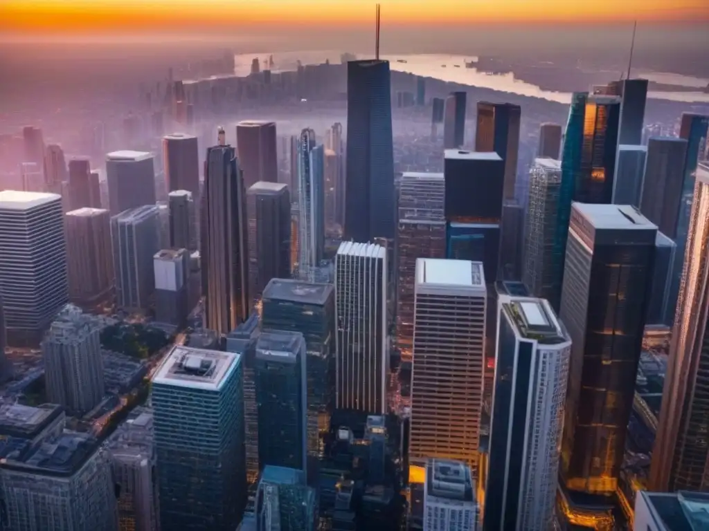 Horizonte urbano moderno: inversores internacionales en acción Vibrante ciudad con rascacielos y profesionales debatiendo, reflejo de políticas gubernamentales inversiones inmobiliarias internacionales