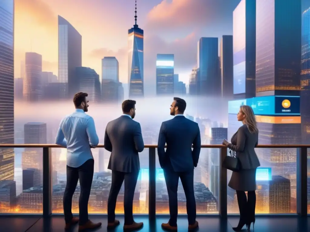 Vida urbana en la ciudad: skyline moderno y profesionales en acción Vibrante ciudad con rascacielos, profesionales y ticker de valores
