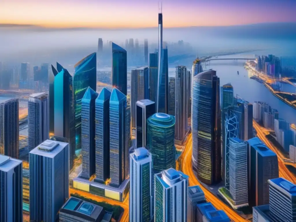 Vibrante ciudad de rascacielos: REITs 2023 Vibrante ciudad con rascacielos y propiedades inmobiliarias, reflejando los Mejores REITs mercado inmobiliario en 2023