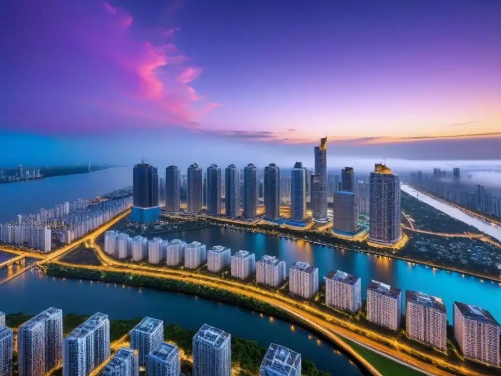 Metrópolis luminosa: mercado inmobiliario y big data Vibrante ciudad con rascacielos y red de calles, reflejo del mercado inmobiliario y análisis big data