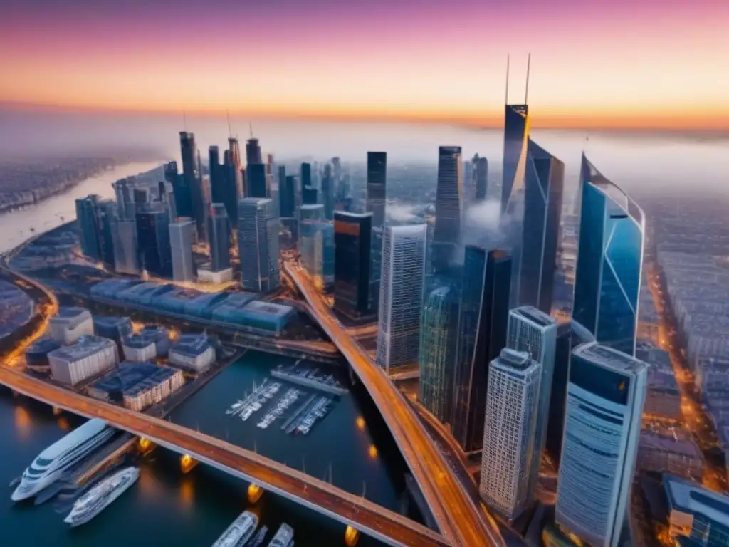 Horizonte urbano: alianzas estratégicas en bienes raíces Vibrante ciudad con rascacielos y redes viales al atardecer