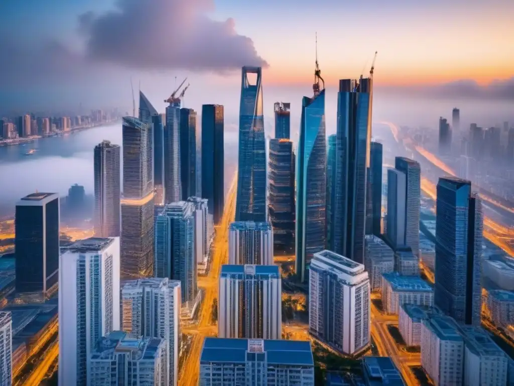 Vibrante mercado inmobiliario: ciudad futurista en desarrollo Vibrante ciudad con rascacielos y grúas, reflejo del éxito en Consejos Crowdfunding Inmobiliario Internacional