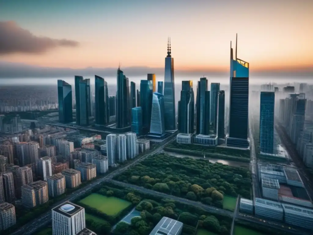 Escenario urbano futurista: superando sanciones económicas Vibrante ciudad con rascacielos, reflejo de mercado inmobiliario frente a sanciones económicas
