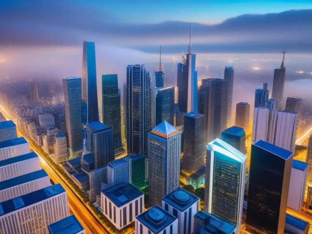 Metrópolis futurista: luces y arquitectura innovadora Vibrante ciudad al anochecer, con rascacielos relucientes y luces brillantes