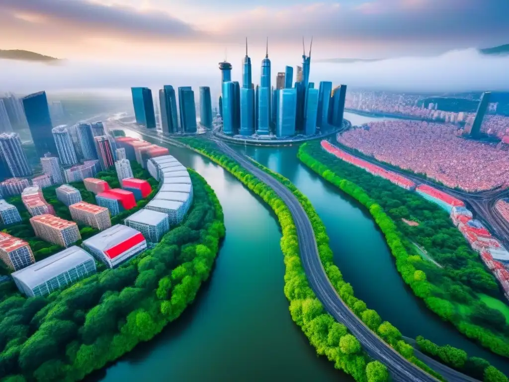 Metrópolis moderna: ciudad vibrante con rascacielos y río Vibrante ciudad con rascacielos y río, reflejo de Oportunidades de inversión inmobiliaria internacional