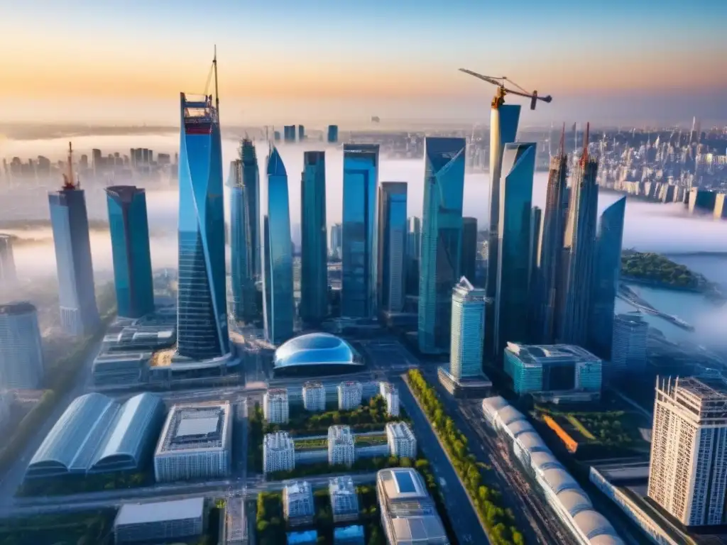 Horizonte urbano: metrópolis moderna y vibrante Vibrante ciudad con rascacielos reflejando el sol en un cielo azul