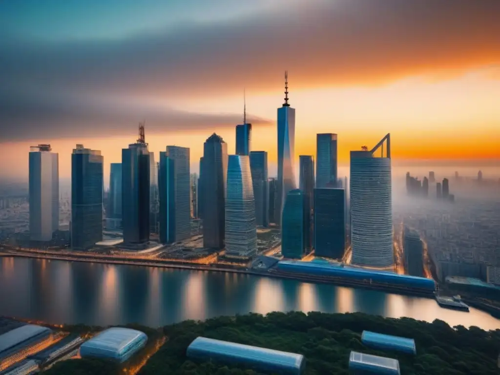 Horizonte urbano dinámico: mercado inmobiliario global en evolución Vibrante ciudad con rascacielos reflejando el sol, simbolizando la política mercado inmobiliario internacional