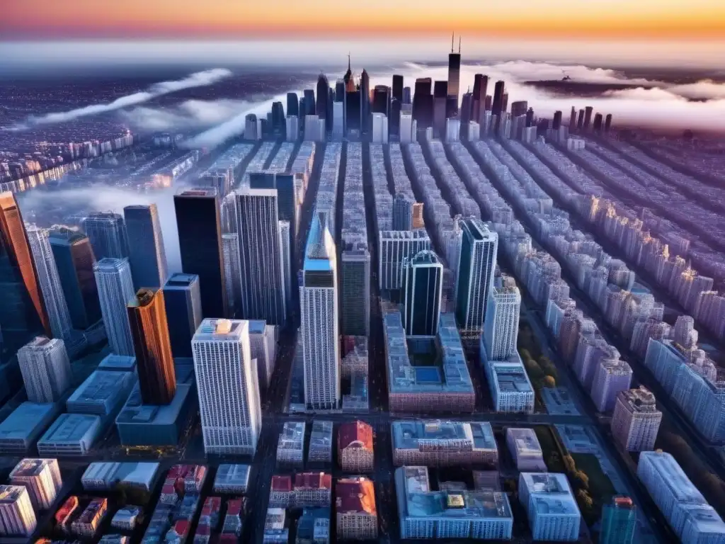 Espectacular ciudad global: luces y sombras en el mercado inmobiliario Una vibrante ciudad con rascacielos proyectando sombras al atardecer