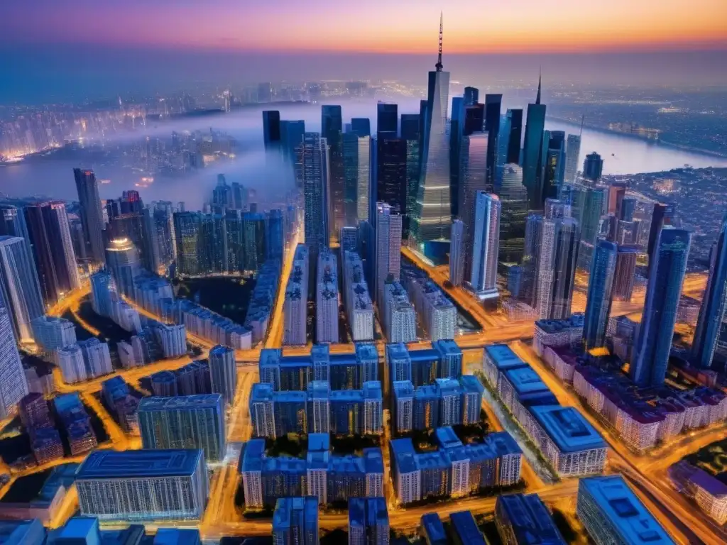 Vista aérea impactante de ciudad en auge inmobiliario Vibrante ciudad con rascacielos y tráfico intenso, reflejo del mercado inmobiliario y riesgo fluctuaciones cambiarias