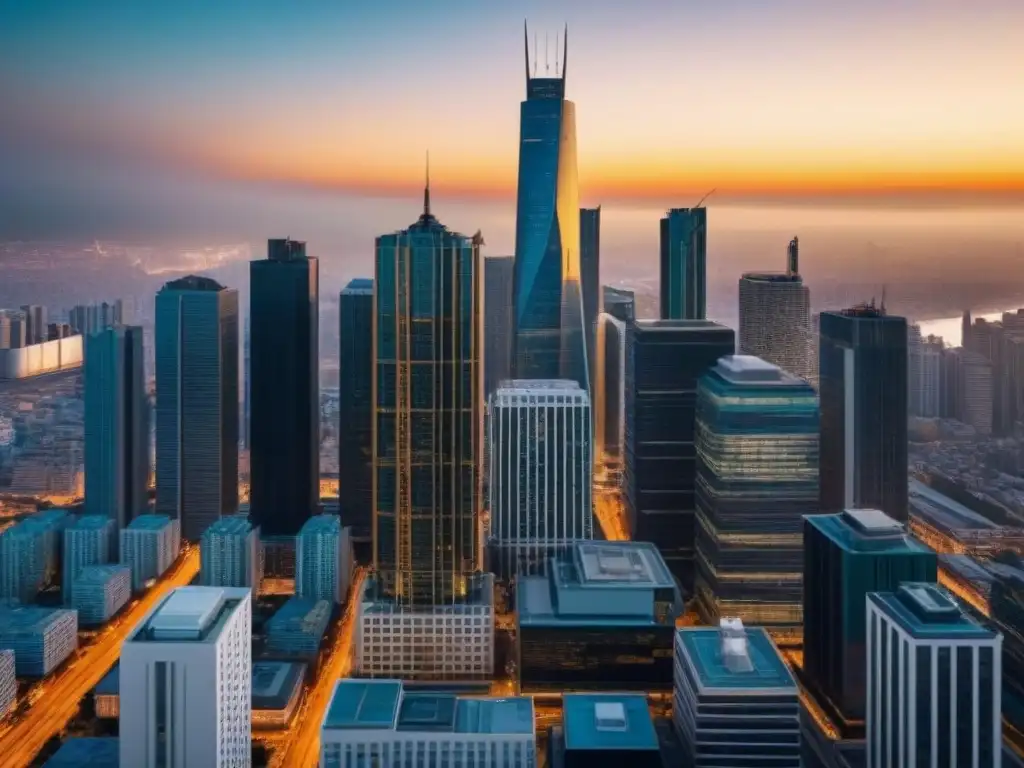 Metrópolis moderna: atardecer vibrante y urbano Vibrante ciudad con rascacielos y vida urbana, reflejo de inversiones inmobiliarias