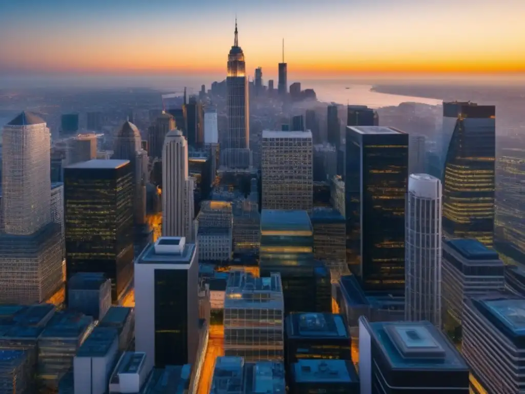 Horizonte urbano postBrexit: rascacielos modernos reflejando el sol Vibrante ciudad con rascacielos de vidrio reflejando la luz del atardecer, simbolizando las Inversiones inmobiliarias post Brexit