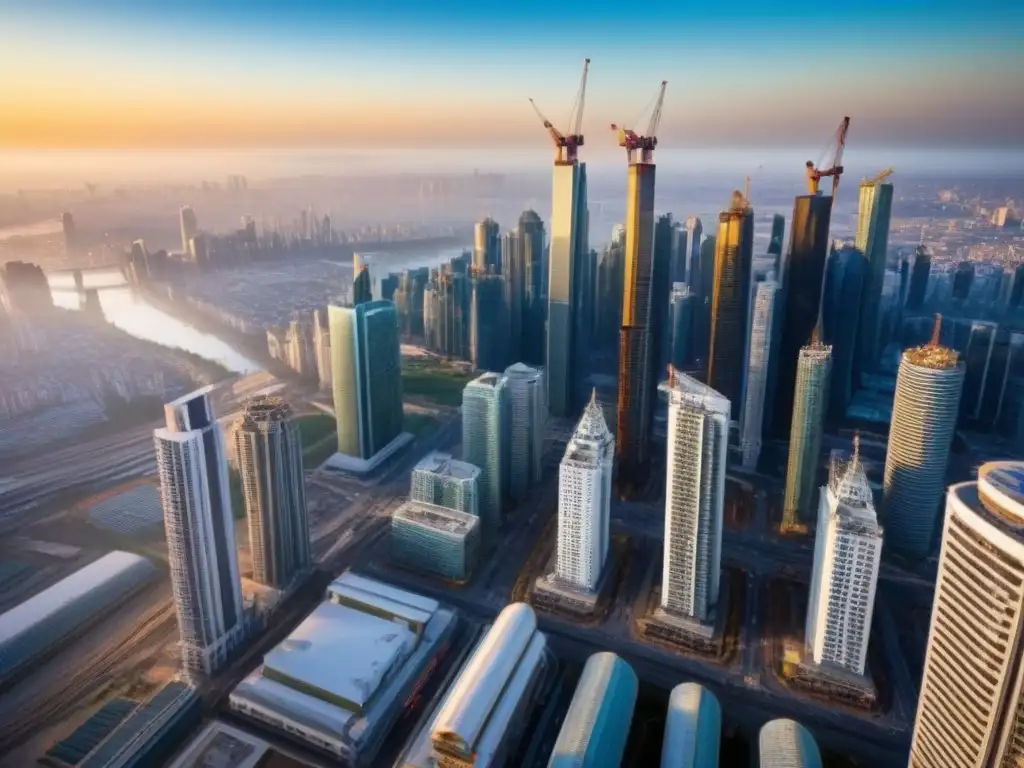 Metrópolis en evolución: paisaje urbano dinámico al atardecer Vibrante ciudad en evolución con rascacielos y grúas