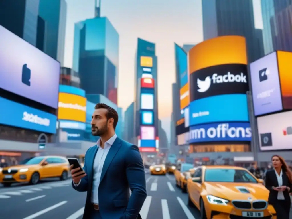 Ciudad moderna al atardecer: redes sociales, negocios y tecnología Vibrante ciudad al anochecer con redes sociales en M&A inmobiliario, profesionales y rascacielos iluminados