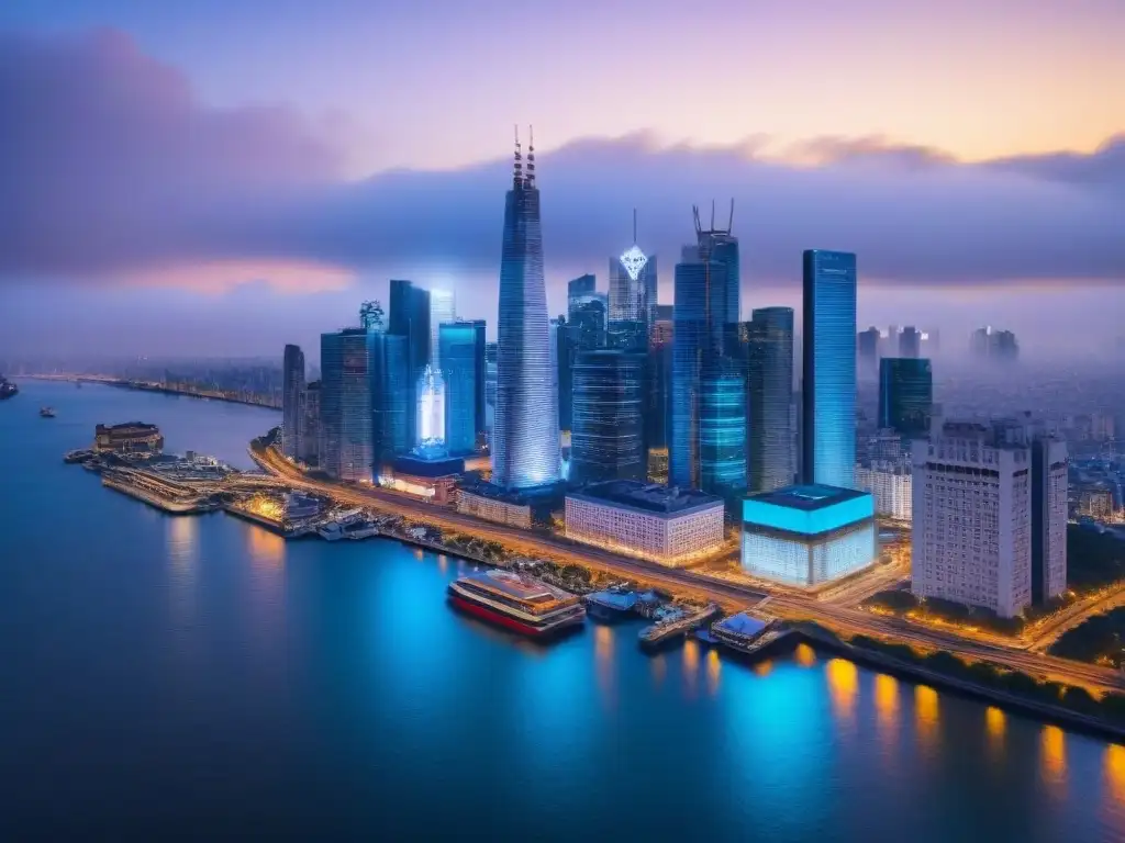 Skyline urbano al atardecer: modernidad y luces vibrantes Vibrante ciudad al anochecer, reflejada en un río, simboliza oportunidades de Inversiones inmobiliarias internacionales: riesgos y recompensas