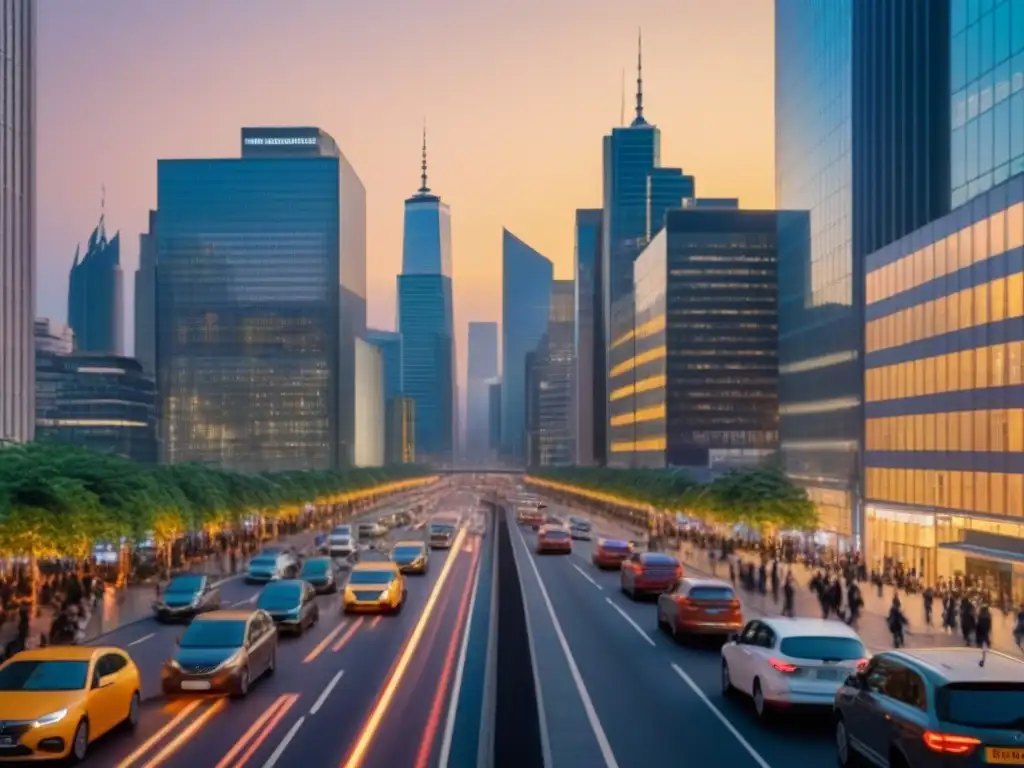 Migración urbana: ciudad vibrante en 8k Vibrante ciudad al anochecer, reflejo del impacto migración interna mercado inmobiliario