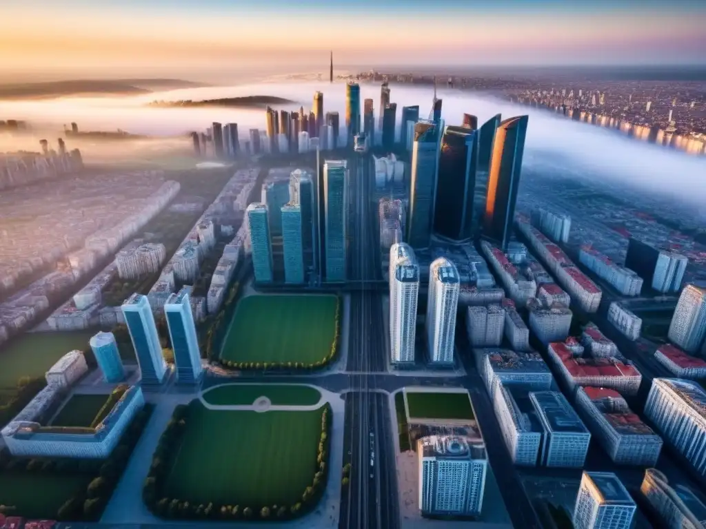 Cityscape vibrante al atardecer en Europa del Este Vibrante ciudad en Europa del Este, reflejo de la inversión inmobiliaria en la región