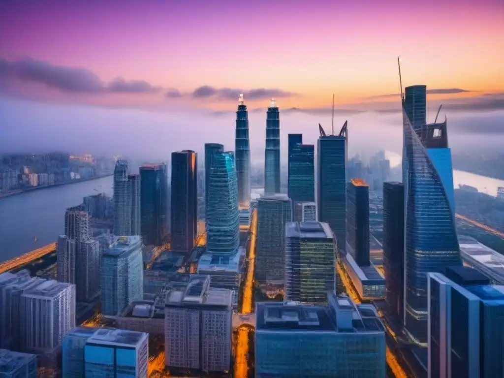 Inversiones globales: luces y rascacielos al atardecer Vibrante ciudad al anochecer, reflejo de inversiones globales y la importancia del due diligence legal en bienes raíces