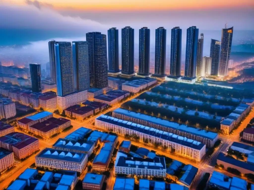 Luces de la ciudad: panorámica urbana al anochecer Vibrante ciudad al anochecer, reflejo de inversiones en propiedades de alquiler
