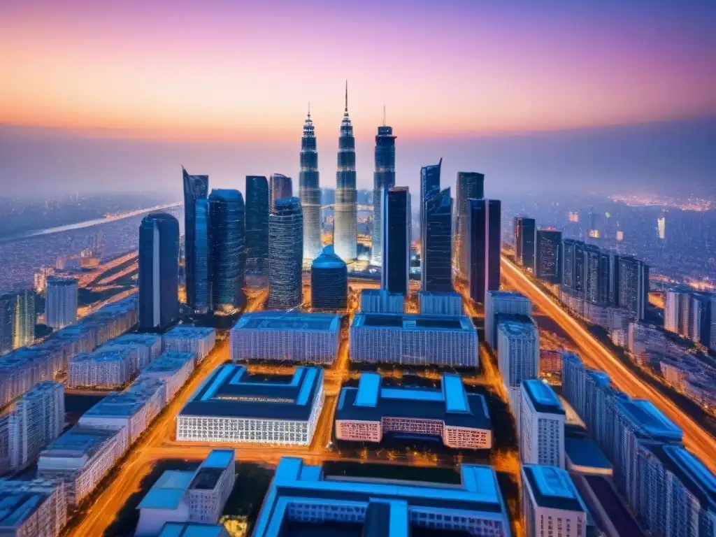 Espectacular ciudad moderna iluminada al atardecer Vibrante ciudad al anochecer, reflejo del mercado de inversiones inmobiliarias internacionales