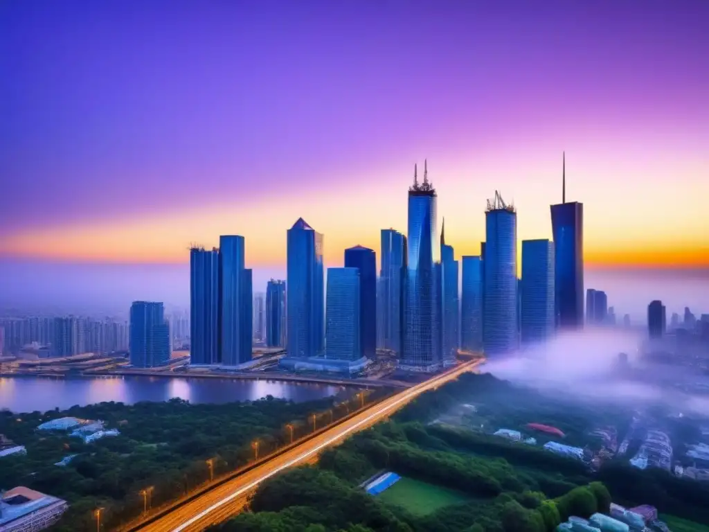 Metrópolis vibrante al anochecer: oportunidades de inversión global para millennials Vibrante ciudad al anochecer, reflejo del mercado inmobiliario internacional para Millennials