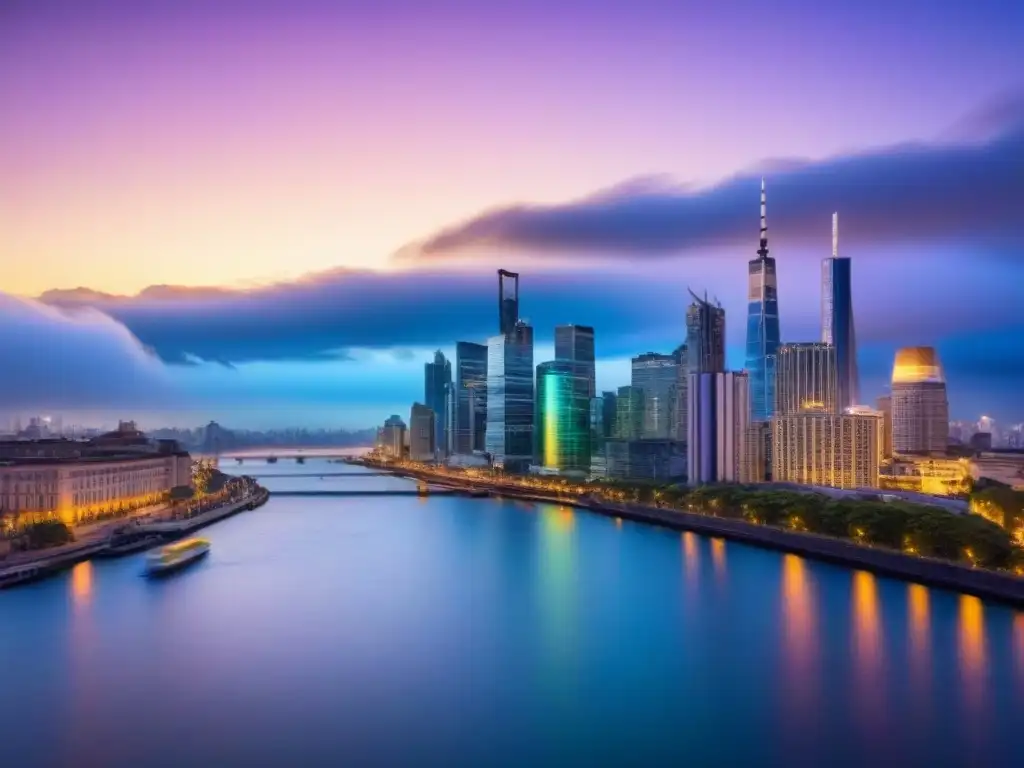 Luces de la ciudad al anochecer: reflejos urbanos en el río Vibrante ciudad al anochecer, reflejos en río, arquitectura moderna e histórica