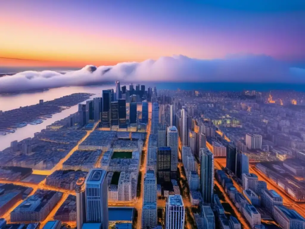 Espectacular skyline urbano iluminado al atardecer Vibrante ciudad al anochecer con regulaciones gubernamentales inversión inmobiliaria internacional