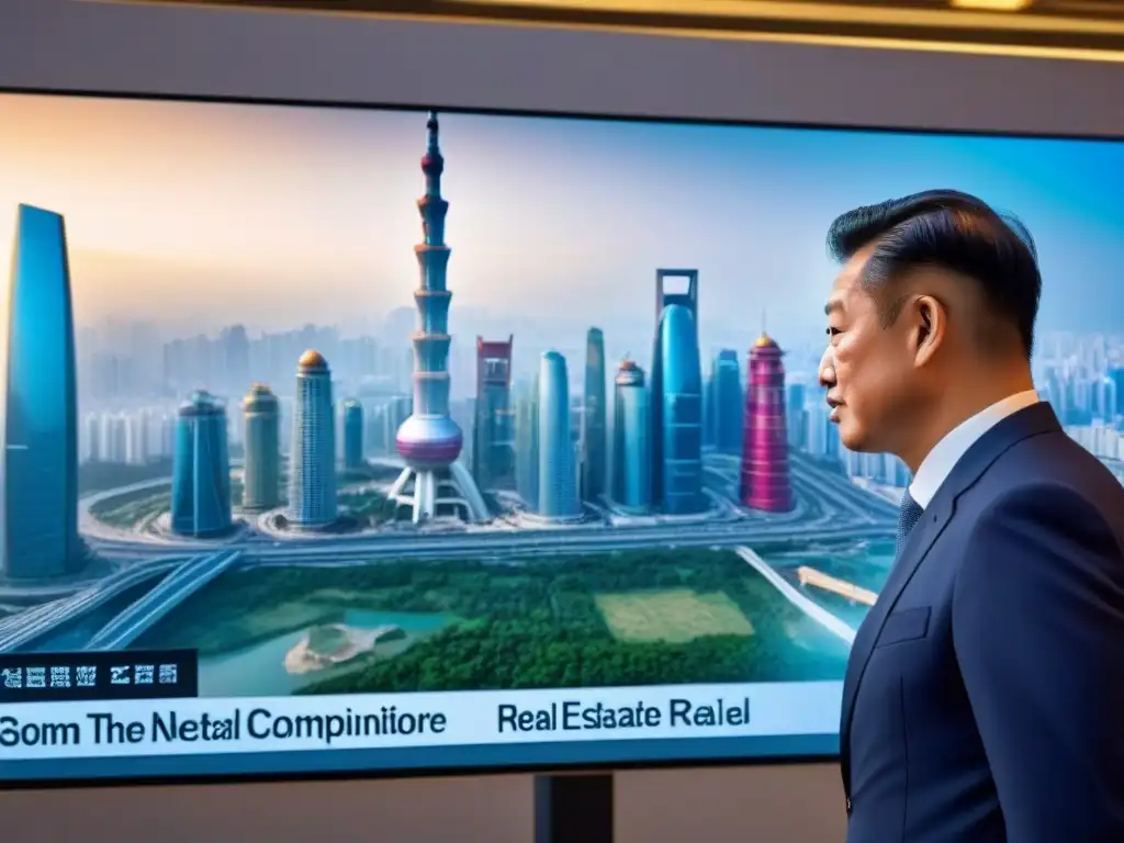 Inversores globales en ciudad del futuro: real estate 8k Vibrante ciudad en la ruta de la Iniciativa Belt and Road con inversores analizando el mercado inmobiliario internacional análisis detallado
