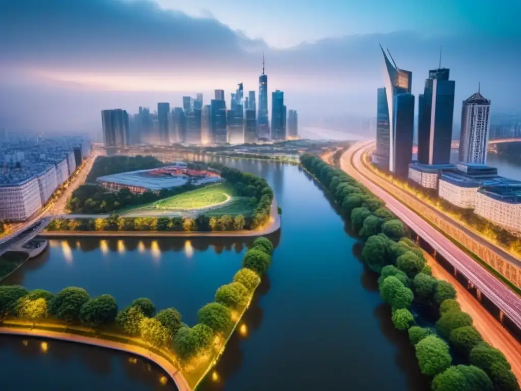 Espléndido atardecer en ciudad secundaria: modernidad y naturaleza Vibrante ciudad secundaria al atardecer con modernos rascacielos iluminados y parques verdes, reflejando el skyline