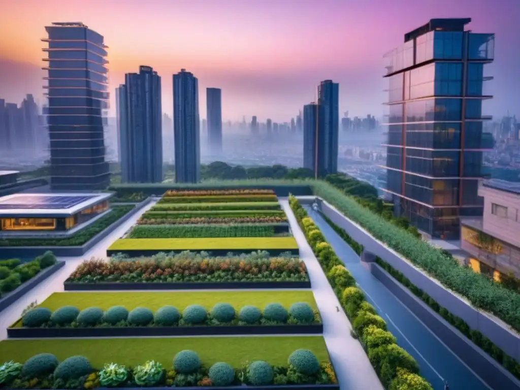 Horizonte urbano sostenible al atardecer: arquitectura verde en armonía Vibrante ciudad sostenible al atardecer con rascacielos verdes y paneles solares