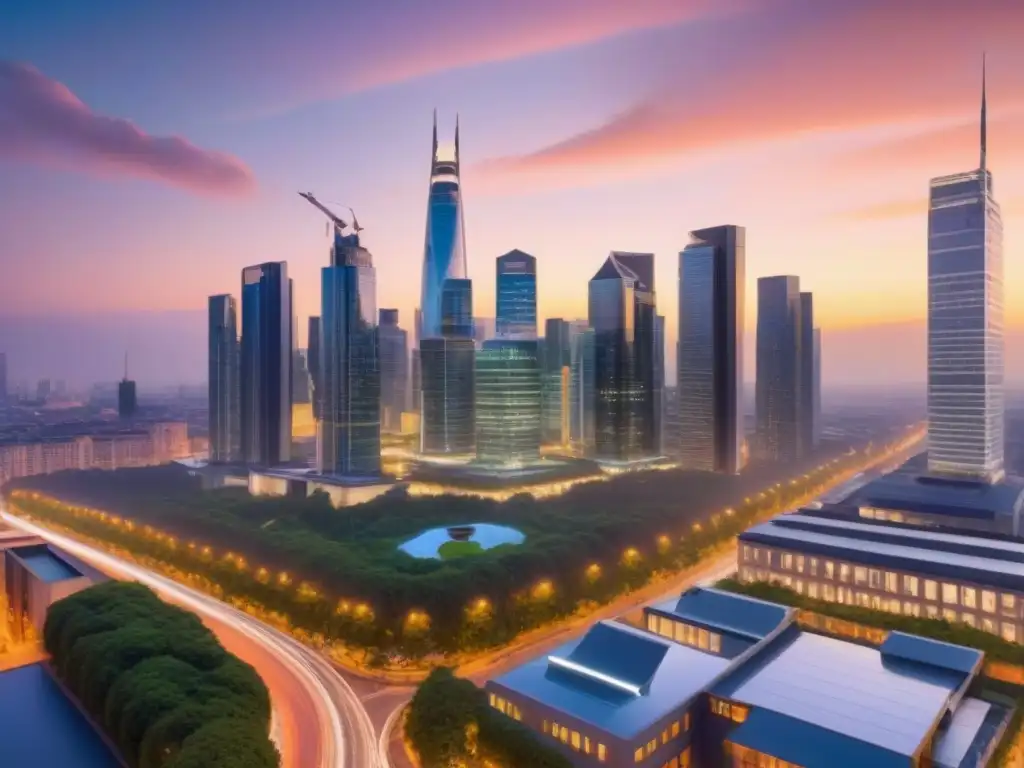 Skyline sostenible: profesionales analizan datos al atardecer Vibrante ciudad sostenible al atardecer, con profesionales analizando datos en dispositivos