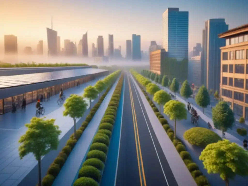 Metrópolis sostenible: armonía entre naturaleza y ciudad Vibrante ciudad sostenible al atardecer, fusionando naturaleza y urbanismo