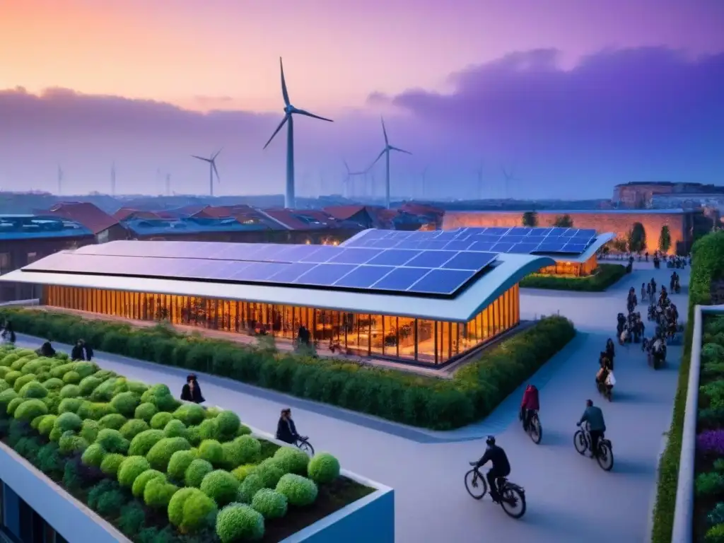 Metrópolis sostenible: arquitectura verde y vida activa Vibrante ciudad sostenible al atardecer, con arquitectura moderna y verde, bicicletas y vehículos eléctricos en las calles