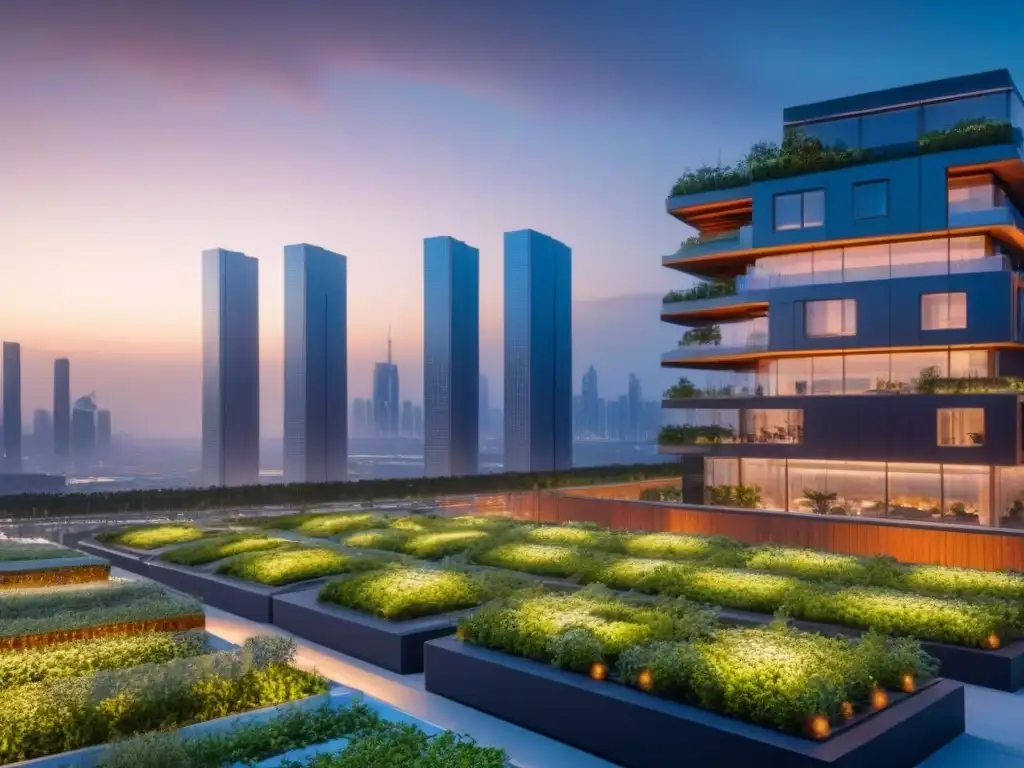 Metrópolis sostenible del futuro al atardecer Vibrante ciudad sostenible al atardecer con edificios verdes, vehículos eléctricos y jardines verticales