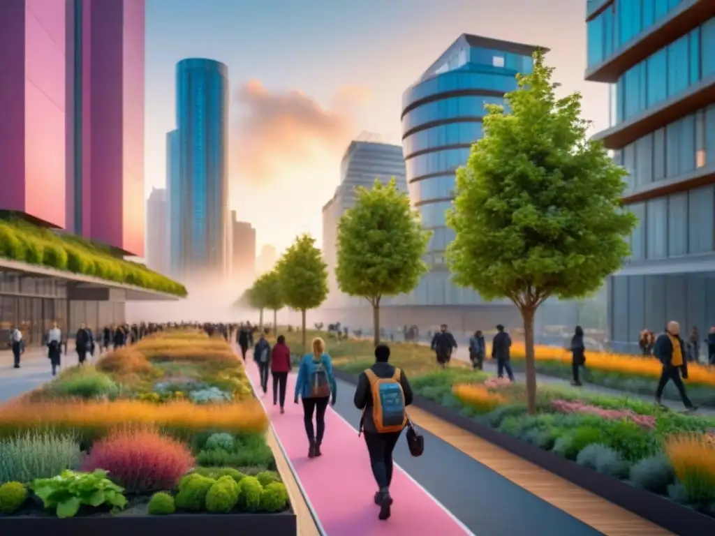 Metrópolis sostenible: armonía entre naturaleza y tecnología Vibrante ciudad sostenible al atardecer con desarrollos urbanos sostenibles inversiones globales